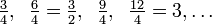 \tfrac{3}{4},\;\;\tfrac{6}{4}=\tfrac{3}{2},\;\;\tfrac{9}{4},\;\;\tfrac{12}{4}=3,\dots\;\;