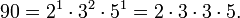 90 = 2^1 \cdot 3^2 \cdot 5^1 = 2 \cdot 3 \cdot 3 \cdot 5. \,\!