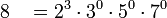 8\; \, \; \,= 2^3 \cdot 3^0 \cdot 5^0 \cdot 7^0 \,\!
